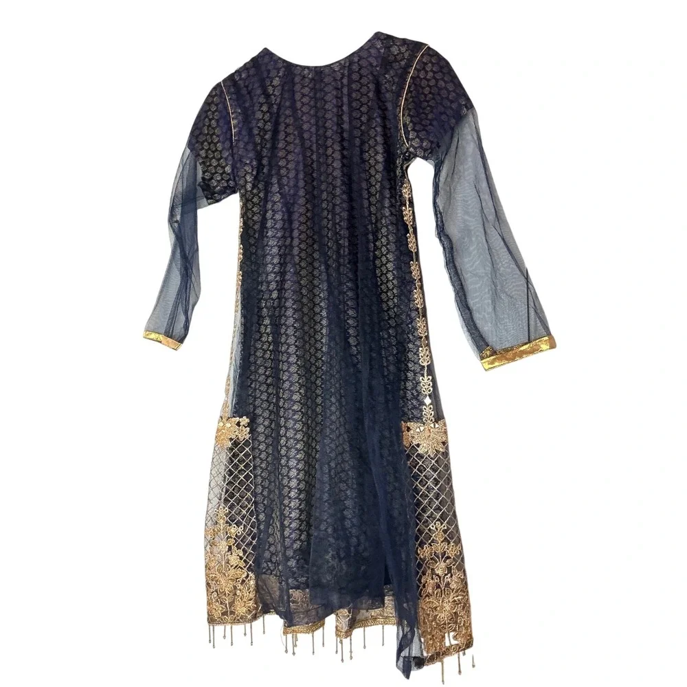 Kids Formal Navy Blue & Gold Embroidered‎ Dress Girls Party Occasion